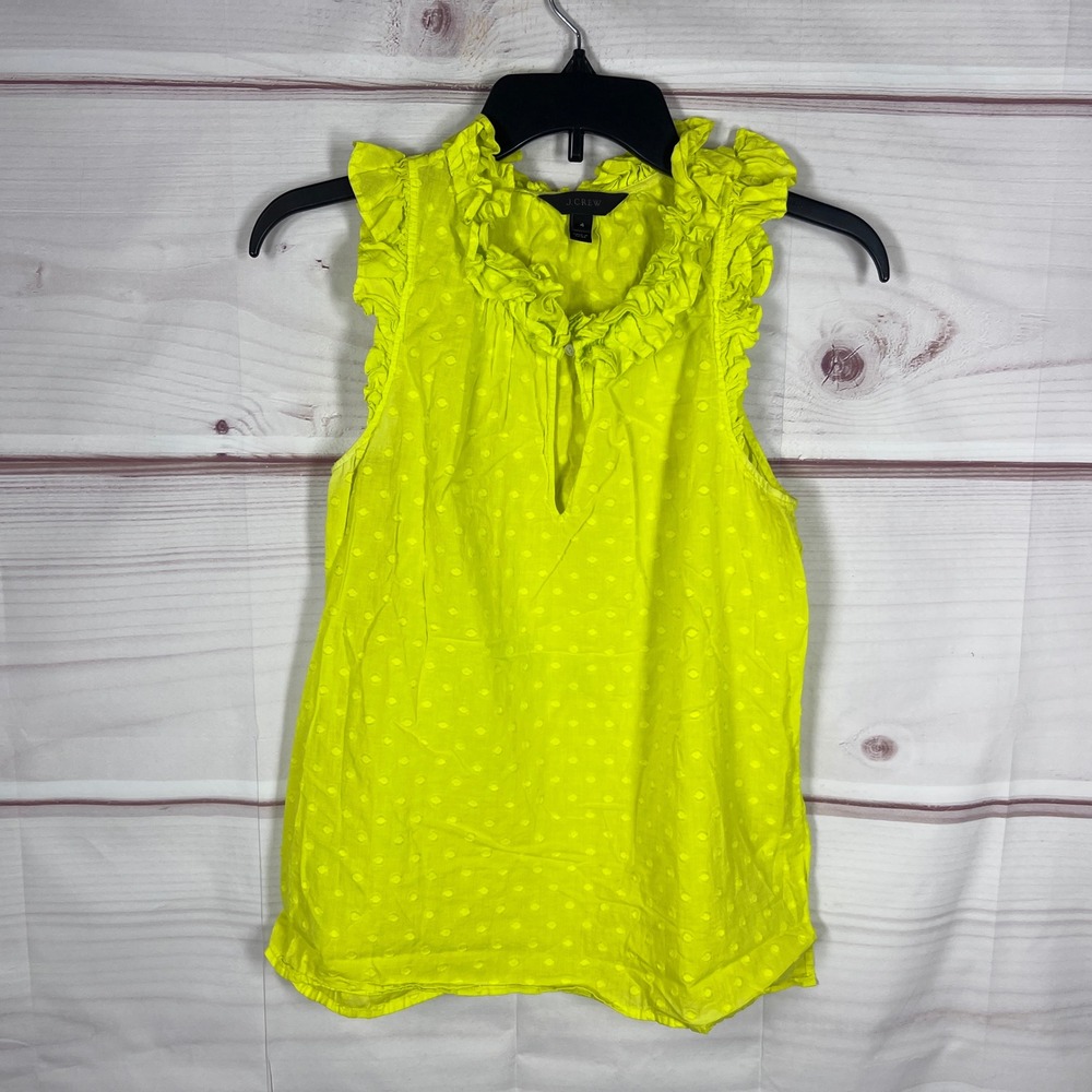 J.Crew Top Womens 4 Yellow Swiss Dot Blouse Ruffle Neck Sleeveless Cotton Preppy
